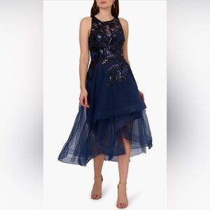 Adrianna Papell Sequin Leaf Sleeveless High Low Cocktail Dress